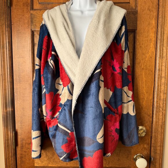 NWT Johnny Was Adler Blue/Red/Fuchsia/Tan Flowers Hooded Sherpa Jacket X-Large